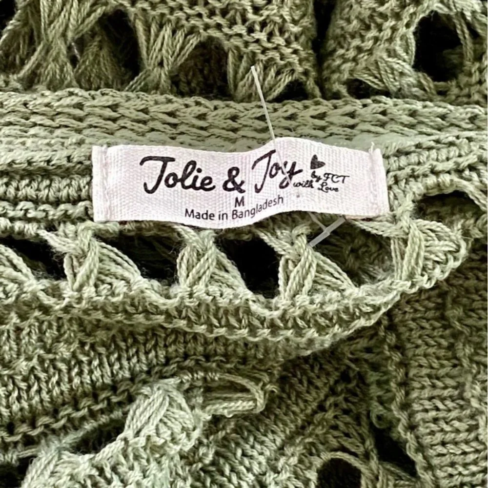 Jolie & Joy Green Open Knit Sleeveless Cardigan Tassels Junior's Size Medium NEW